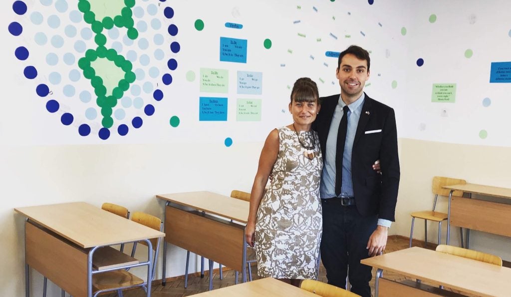 Keegan and his mentor teacher, Darina, in their classroom in Galabovo, Bulgaria.